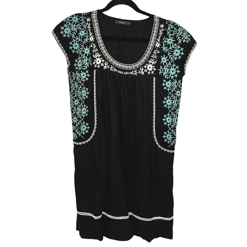 Theme Navy Embroidered Boho Peasant Tunic Top Size M Folk Festival Spring Summer